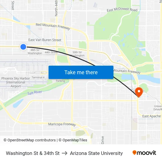Washington St & 34th St to Arizona State University map