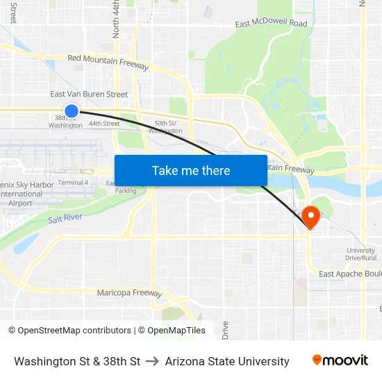 Washington St & 38th St to Arizona State University map