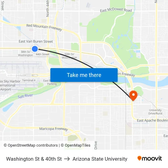Washington St & 40th St to Arizona State University map