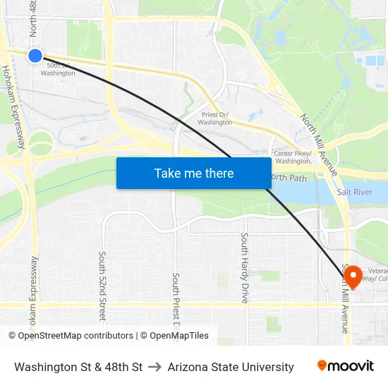 Washington St & 48th St to Arizona State University map