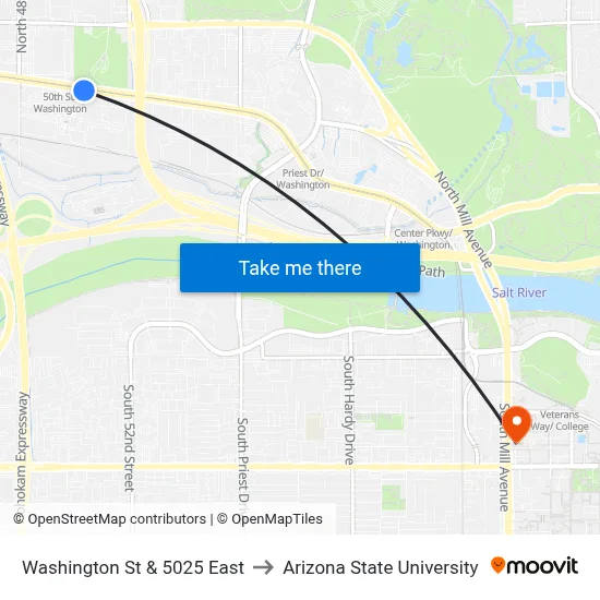 Washington St & 5025 East to Arizona State University map