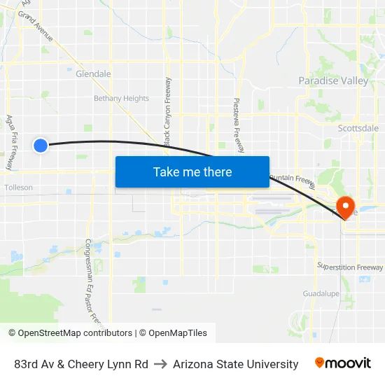 83rd Av & Cheery Lynn Rd to Arizona State University map
