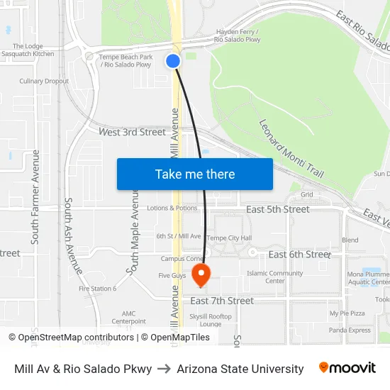 Mill Av & Rio Salado Pkwy to Arizona State University map