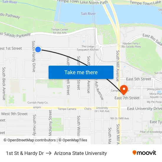 1st St & Hardy Dr to Arizona State University map