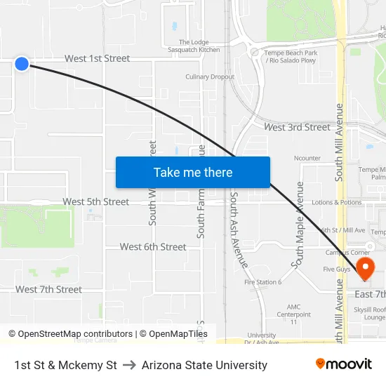 1st St & Mckemy St to Arizona State University map