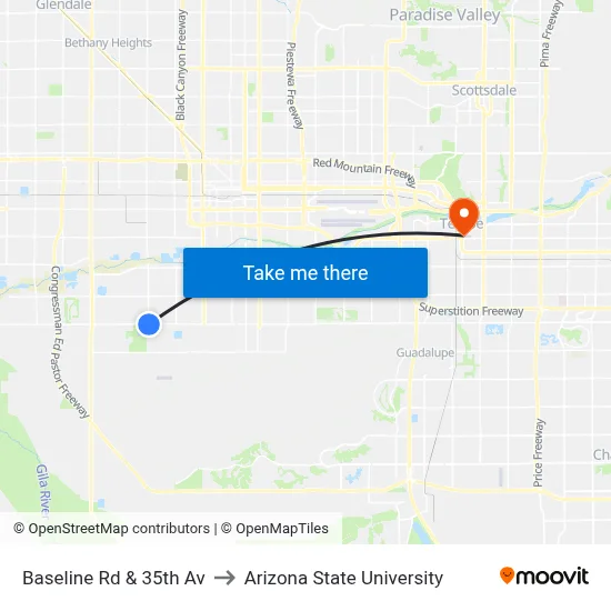 Baseline Rd & 35th Av to Arizona State University map