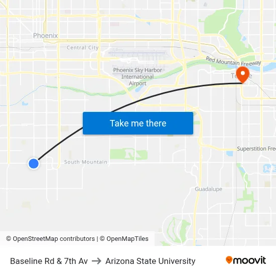 Baseline Rd & 7th Av to Arizona State University map