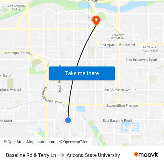 Baseline Rd & Terry Ln to Arizona State University map