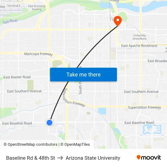 Baseline Rd & 48th St to Arizona State University map