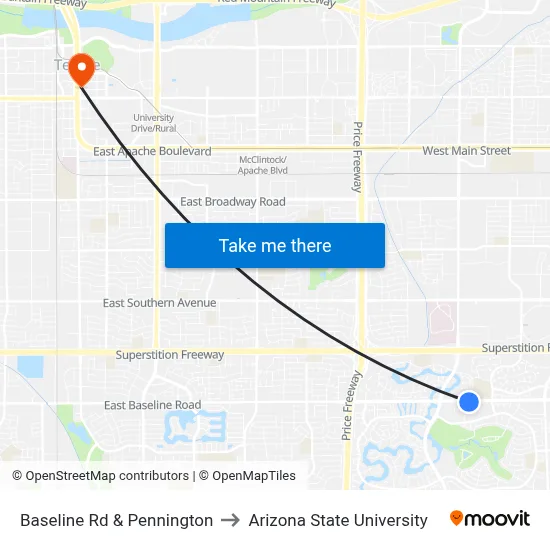 Baseline Rd & Pennington to Arizona State University map