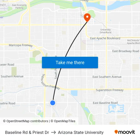 Baseline Rd & Priest Dr to Arizona State University map