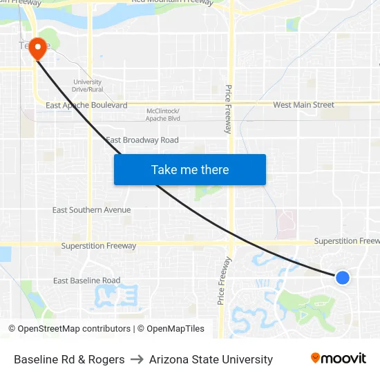 Baseline Rd & Rogers to Arizona State University map
