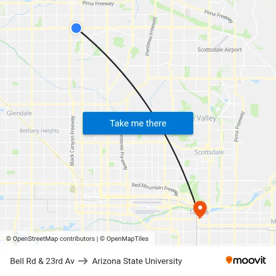Bell Rd & 23rd Av to Arizona State University map