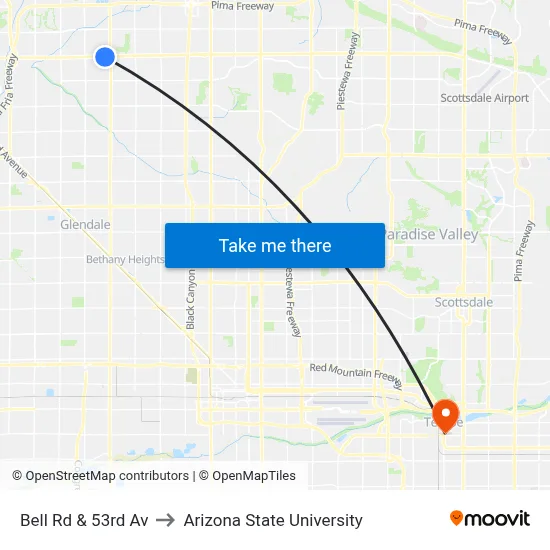 Bell Rd & 53rd Av to Arizona State University map