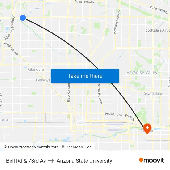Bell Rd & 73rd Av to Arizona State University map