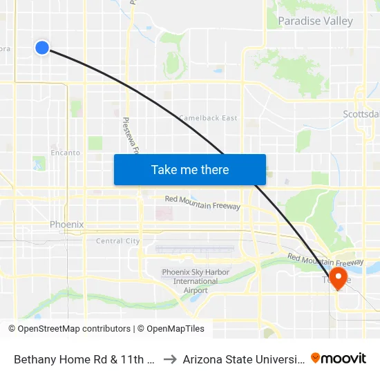 Bethany Home Rd & 11th Av to Arizona State University map