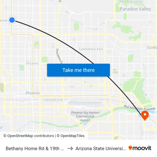 Bethany Home Rd & 19th Av to Arizona State University map
