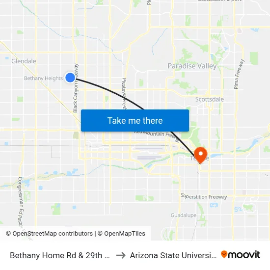 Bethany Home Rd & 29th Av to Arizona State University map
