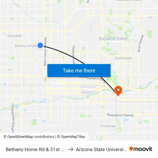 Bethany Home Rd & 31st Av to Arizona State University map