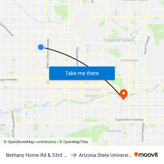 Bethany Home Rd & 33rd Av to Arizona State University map