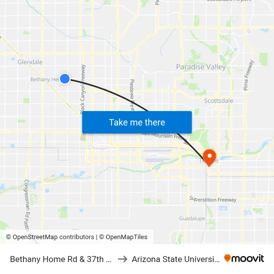 Bethany Home Rd & 37th Av to Arizona State University map