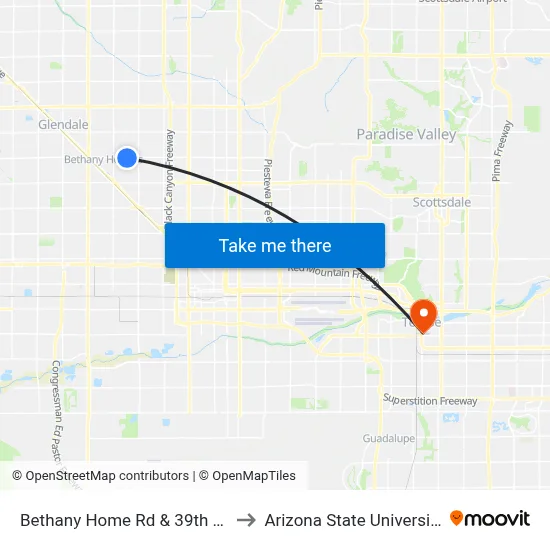 Bethany Home Rd & 39th Av to Arizona State University map