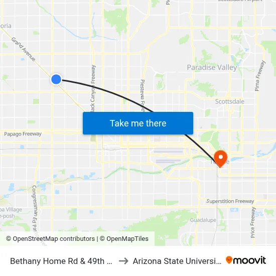 Bethany Home Rd & 49th Av to Arizona State University map