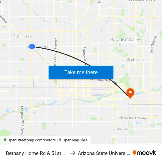 Bethany Home Rd & 51st Av to Arizona State University map