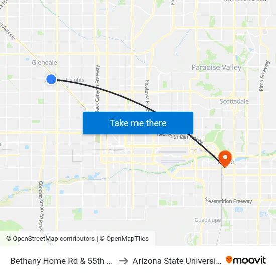 Bethany Home Rd & 55th Av to Arizona State University map