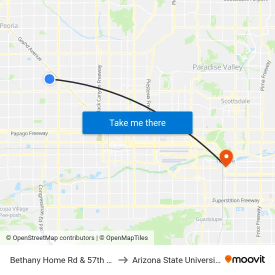 Bethany Home Rd & 57th Av to Arizona State University map