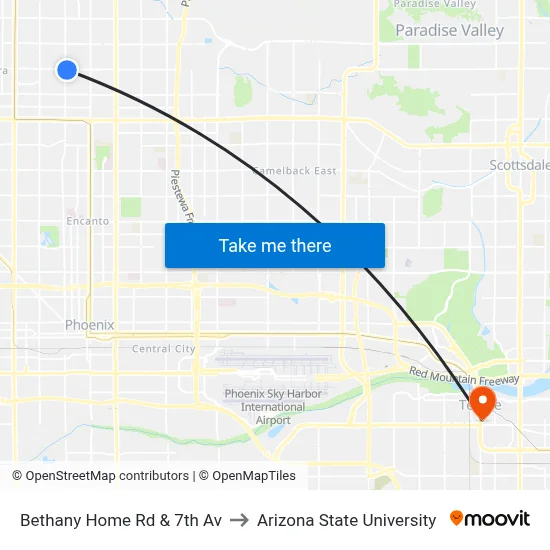 Bethany Home Rd & 7th Av to Arizona State University map