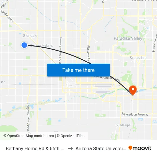 Bethany Home Rd & 65th Av to Arizona State University map