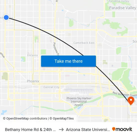 Bethany Home Rd & 24th Av to Arizona State University map