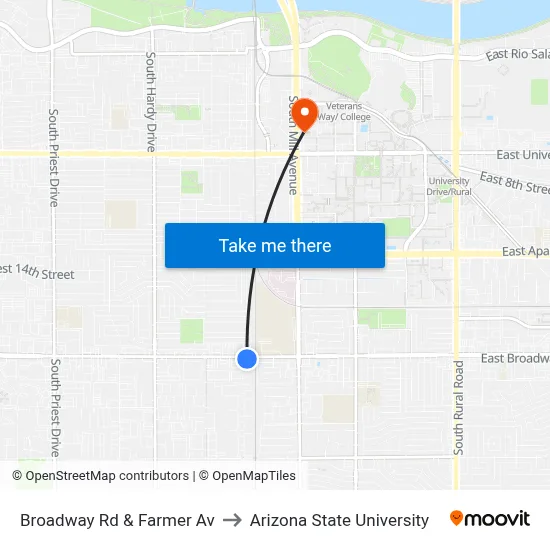 Broadway Rd & Farmer Av to Arizona State University map