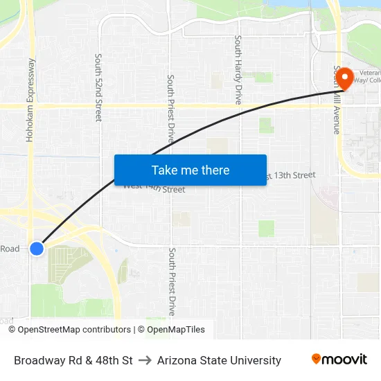 Broadway Rd & 48th St to Arizona State University map