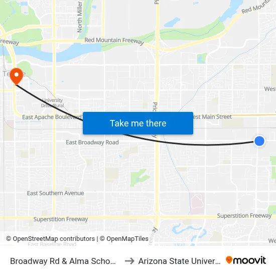 Broadway Rd & Alma School Rd to Arizona State University map