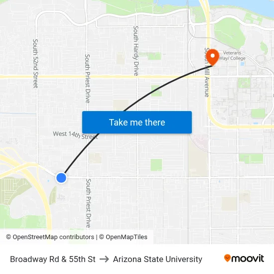 Broadway Rd & 55th St to Arizona State University map