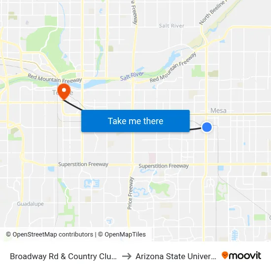 Broadway Rd & Country Club Dr to Arizona State University map
