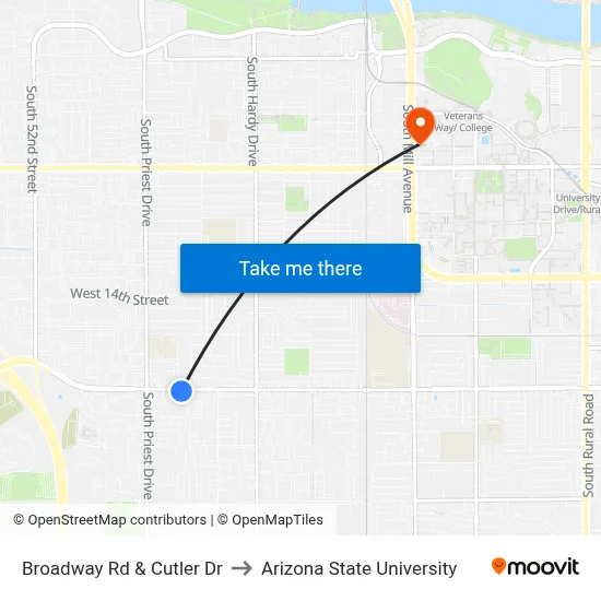 Broadway Rd & Cutler Dr to Arizona State University map
