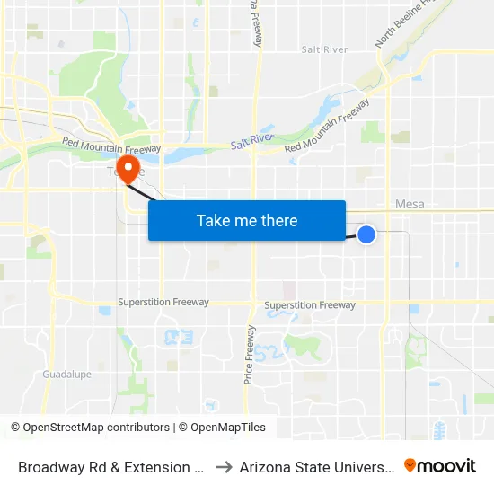 Broadway Rd & Extension Rd to Arizona State University map