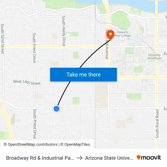 Broadway Rd & Industrial Park Av to Arizona State University map