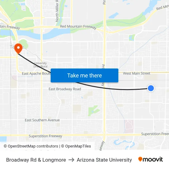 Broadway Rd & Longmore to Arizona State University map