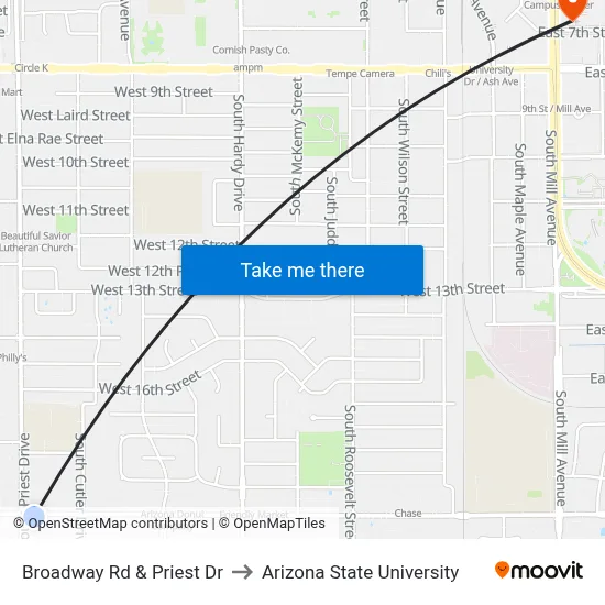 Broadway Rd & Priest Dr to Arizona State University map