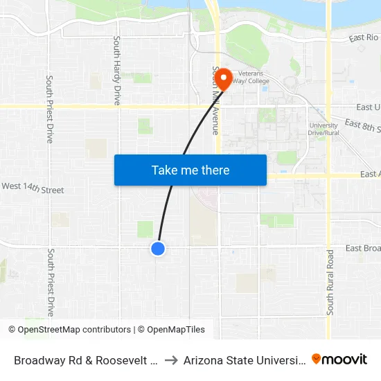 Broadway Rd & Roosevelt St to Arizona State University map