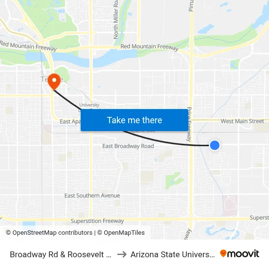 Broadway Rd & Roosevelt Rd to Arizona State University map