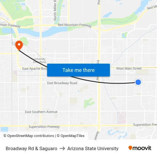 Broadway Rd & Saguaro to Arizona State University map
