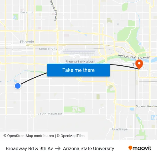 Broadway Rd & 9th Av to Arizona State University map