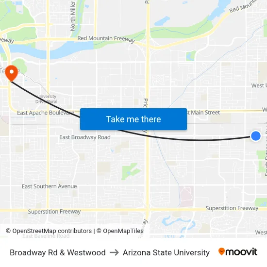Broadway Rd & Westwood to Arizona State University map