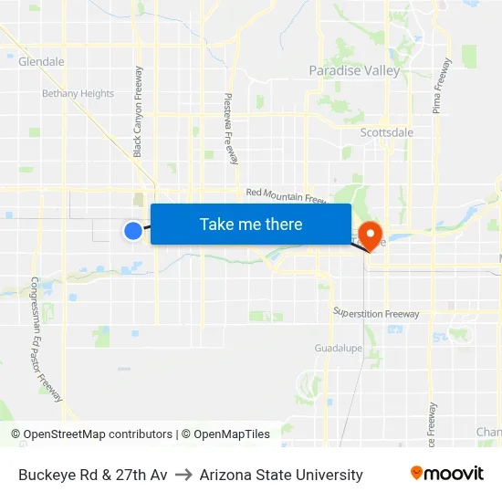 Buckeye Rd & 27th Av to Arizona State University map