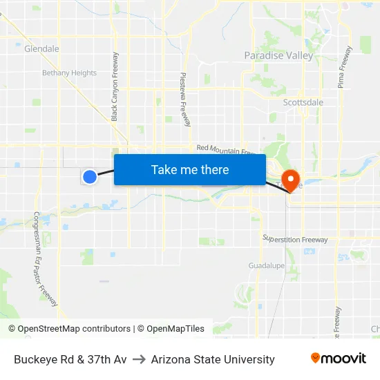 Buckeye Rd & 37th Av to Arizona State University map